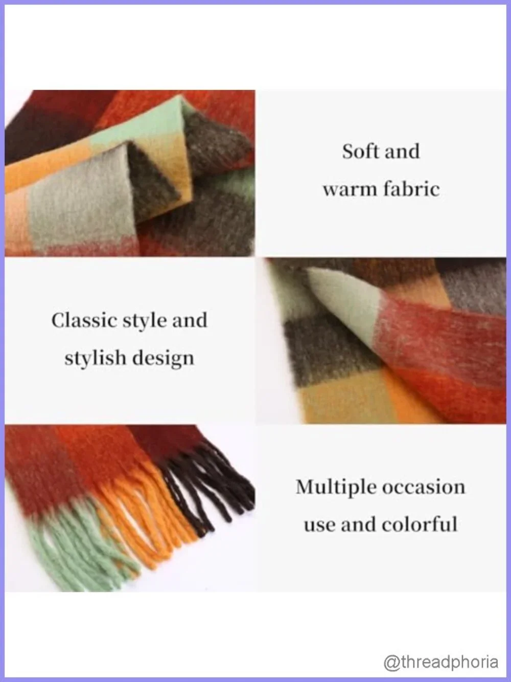 Oversized Plaid Scarf for Women with Tassels - Soft Acrylic Cashmere Feel